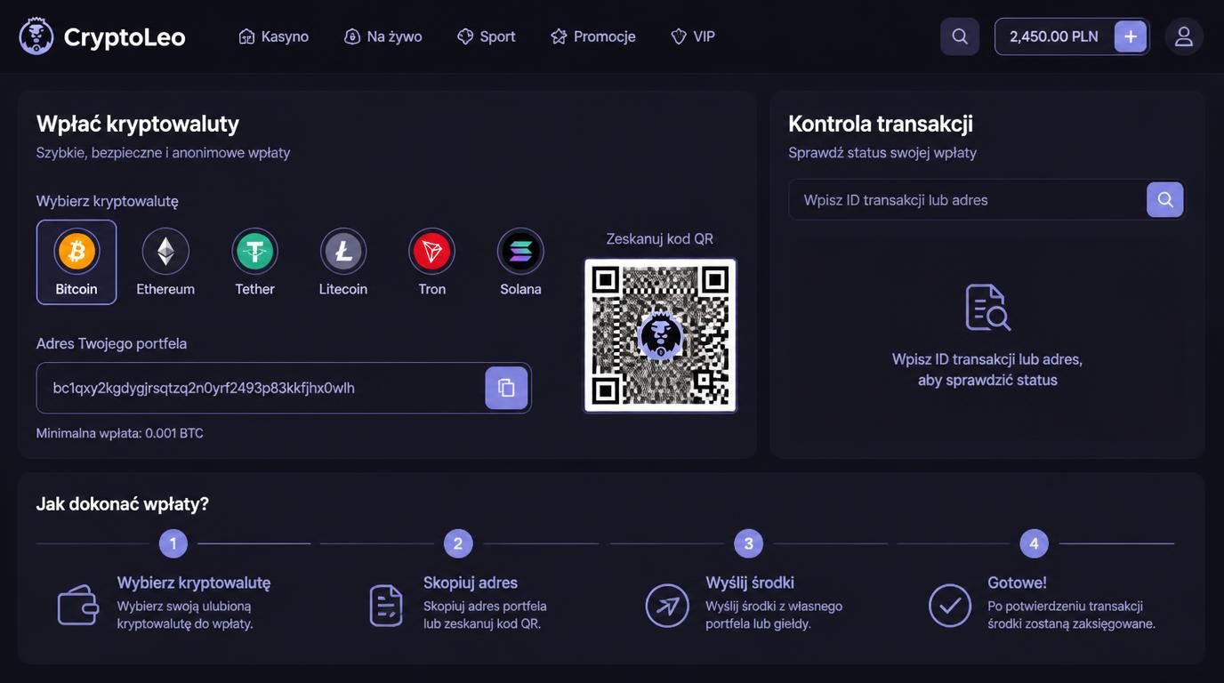 Schemat 4 kroków wpłaty kryptowaluty z ikonami i adresem portfela.
